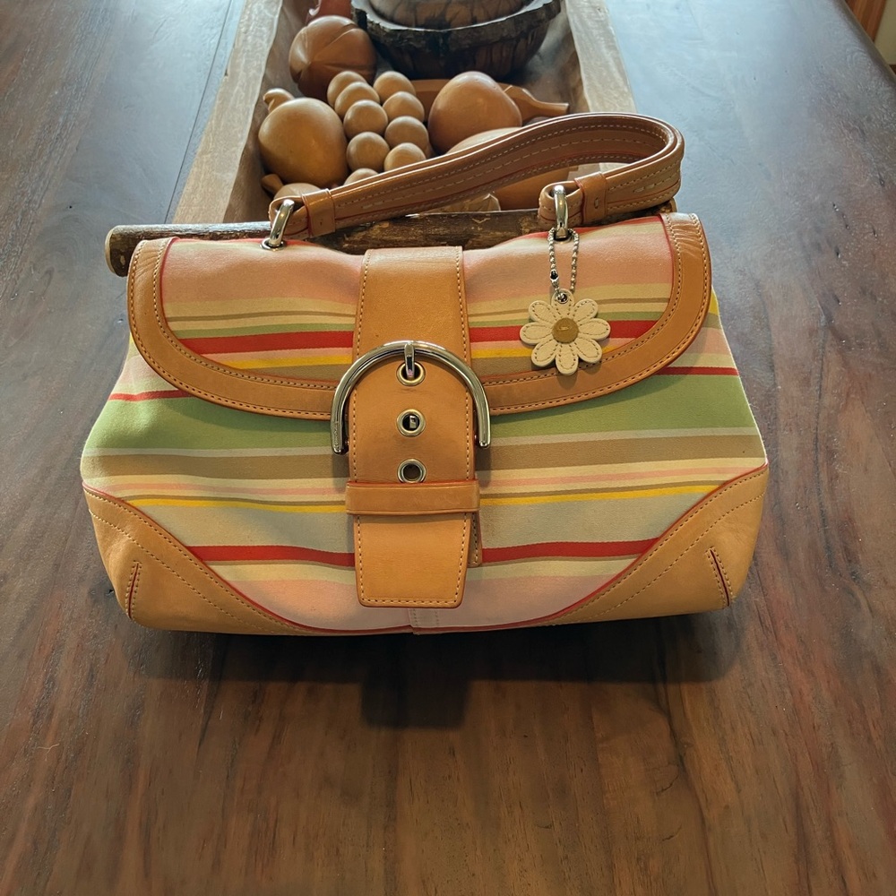 Coach vintage soho Striped Canvas Shoulder Bag with Tan Leather - Picture 2 of 10